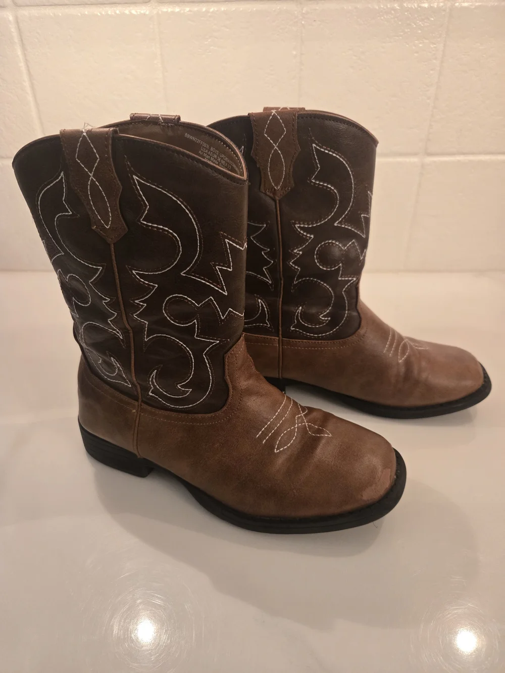 Boys Size 4 Brown Leather-Look Cowboy Boots - Classic Western Style
